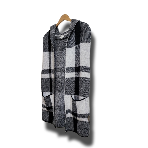 🌿Est 1946 Women's Medium Black White Buffalo Plaid Sleeveless Hooded Cardigan - Picture 6 of 13